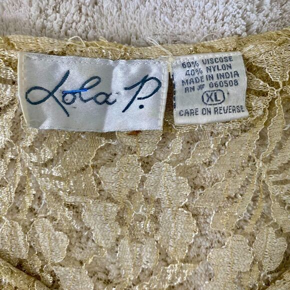 Lola P. Cream Nude White Sheer Lace Sequin Ruffle Pirate Wench Flowy Blouse XL - Picture 7 of 8